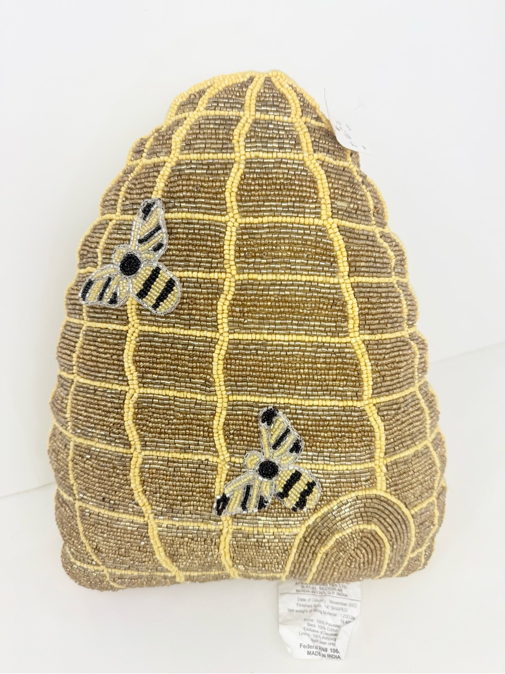 Home Goods Gold Black Beaded Textile Bee Hive Triangle Accent Decorative Pillow
